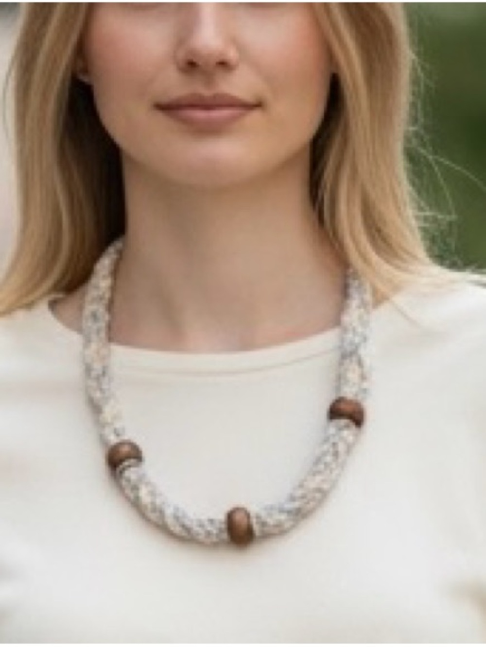 Necklace Hand Crafted Braided Boho Beaded Silver Grey Cream 18” - Picture 3 of 14